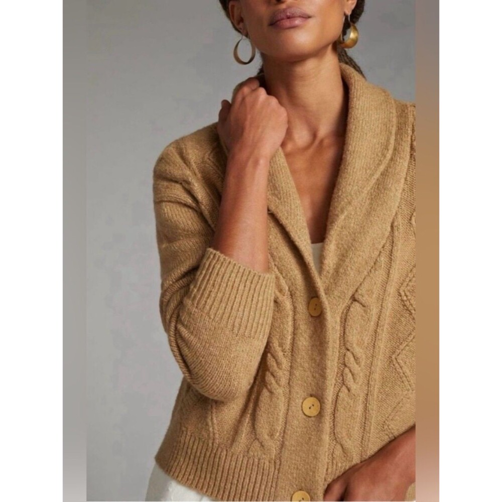 Pilcro x Anthropologie Tan Cropped & Collared Cable Knit Cardigan Size Large